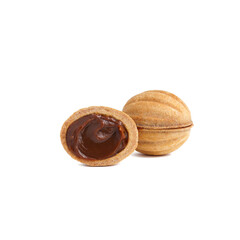 Homemade nuts cookie with caramel filling on white backgrounds. "Nuts" cookies.
