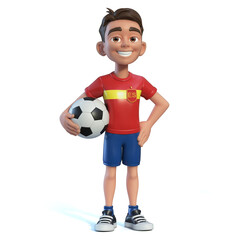 Little boy football player wearing a Spain national team kit, shirt and shorts. Cartoon character as Soanish soccer team mascot 3d rendering