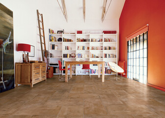 Fototapeta premium Modern interior design, room with beige tiles, red wall, seamless table, luxurious background.