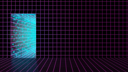 Enter or door to metaverse concept. Metaphor for entering metaverse space. VR concept, sci-fi room blue light squares shapes. Web 3.0 representation. 3d render horizontal banner