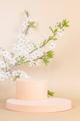 Obraz na płótnie Canvas Geometric podium platform stand for product presentation and spring flowering tree branch with white flowers on pastel beige background. Front view