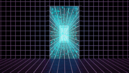 Enter or door to metaverse concept. Metaphor for entering metaverse space. VR concept, sci-fi room blue light squares shapes. Web 3.0 representation. 3d render horizontal banner