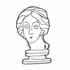 Head of a beautiful ancient Greek woman. Goddess Aphrodite or Venus. Classic female portrait. Hand drawn linear doodle rough sketch. Black silhouette on white background.