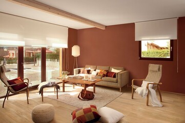 Modern interior design, room with wood texture tiles, seamless furniture, luxurious background.