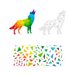 Polygonal puzzle game. Constructor from triangles. Collect a wolf. Intellectual development. Poly art concept. Business idea for creative anti stress activity. 