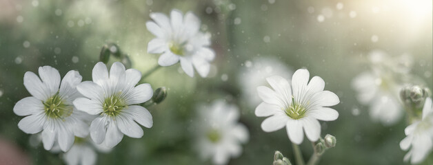 summer background with white wildflowers on blurred background and rays of sunlight and bokeh