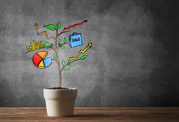 Drawn income tree in white pot for business investment savings and making money