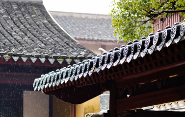 Rain falling on the roof of Chinese traditional building