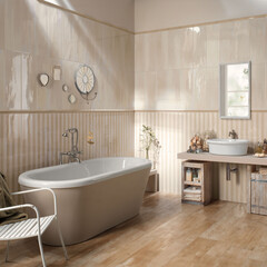 Modern interior design, bathroom with beige tiles, seamless bathtub, luxurious background.