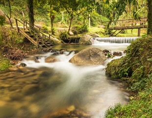 Langzeitaufnahme eines Baches mit kleinem Wasserfall im Regenwald