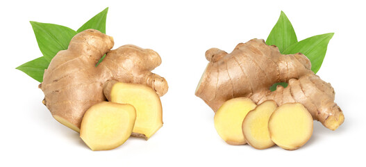 Close up, Fresh ginger rhizome with sliced and green leaves isolated on white background, old ginger