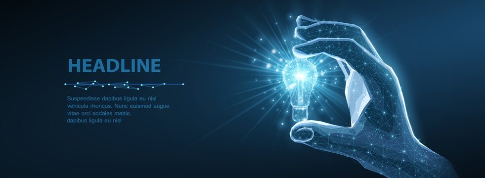 Glowing light bulb in man hand isolated on dark blue. Creative idea, patent, digital solution, future technology