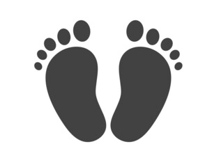 Black silhouette of baby footprints isolated on white background.