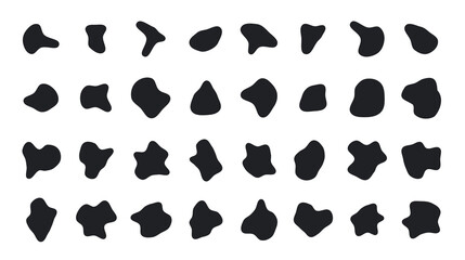 Organic blob shape, fluid irregular bubble set, random pebble form collection isolated on white background.