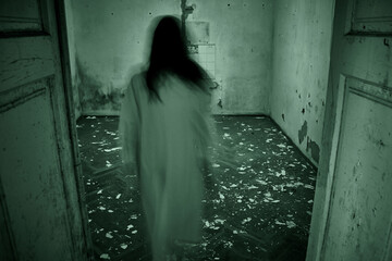 Horror scene of a scary woman in derelict woman