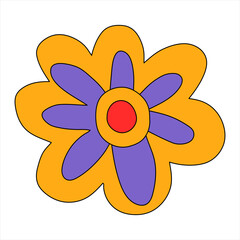 vector vintage rainbow hippie flower.Psychedelic isolated retro plant. Nostalgia funky and groovy era 60s,70s,80s.Tattoo template and element for prints.Kid core flower organic logo.Plotter silhouette
