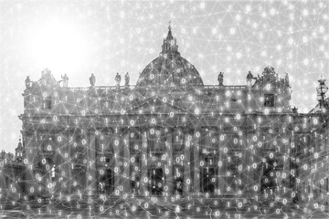 Vatican City Digitization Concept. The network of binary numbers in the background of St. Peter's...