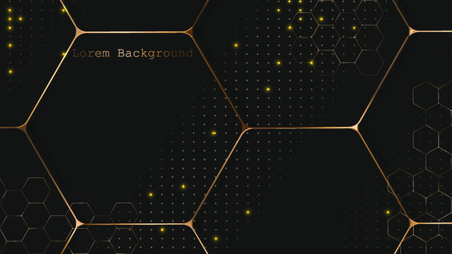 abstract dark background with gold hexagons and golden dots. luxury banner. vector illustration