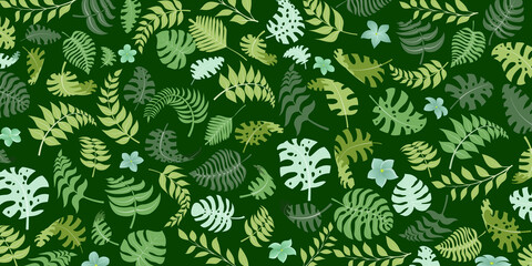 Naklejka na ściany i meble Background with exotic jungle plants. Tropical palm leaves and flowers. Rainforest illustration in green colors