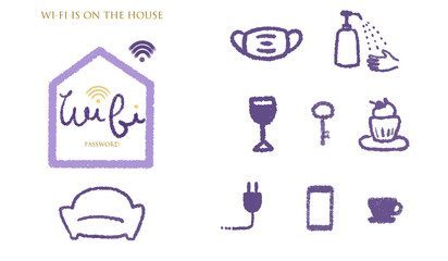 カフェ店内やオフィス向けのナチュラルテイスト手描きwi-fiサインとアイコンセット