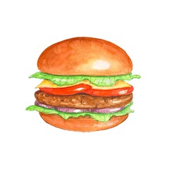 Burger with onion, tomato, cheese. Watercolor hand drawn illustration