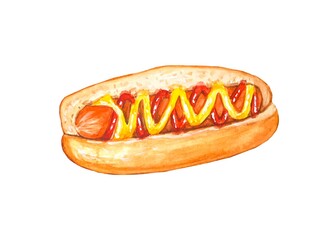 Hot dog.Watercolor hand drawn illustration