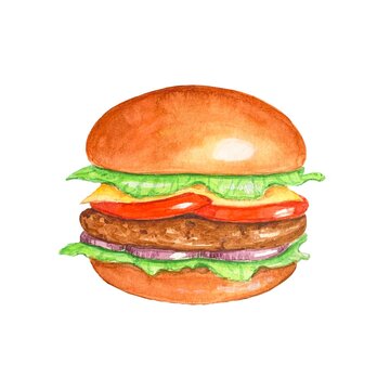 Burger with onion, tomato, cheese. Watercolor hand drawn illustration