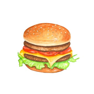 Burger .Watercolor hand drawn illustration