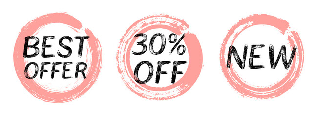 30% discount best offer and new arrivals sale labels vector set. Painted round stamps stickers with off promo