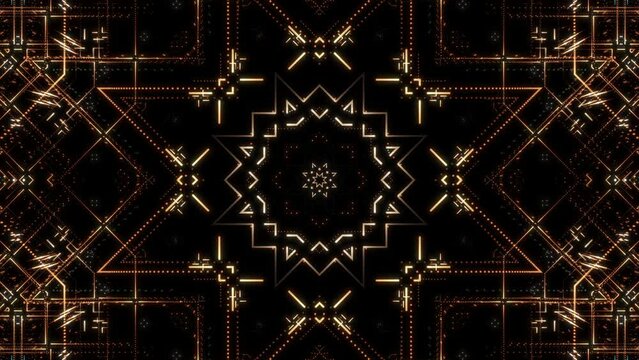 Animated video of abstract geometric Art Deco style ornaments appear, move towards viewer then fade to black