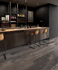 Modern interior design, coffee shop with wood texture tiles, seamless, luxurious background.