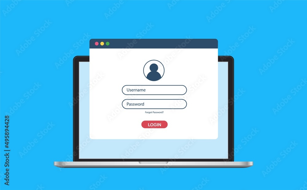 Poster laptop with authorization on browser page, login and password of the user to the system or account, 