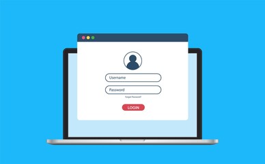 Laptop with authorization on browser page, login and password of the user to the system or account, vector illustration