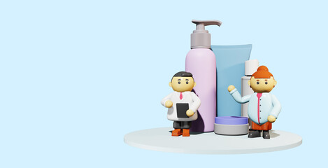3d render. Cute doctor and nurse in cartoon style pointing at jars of cosmetics