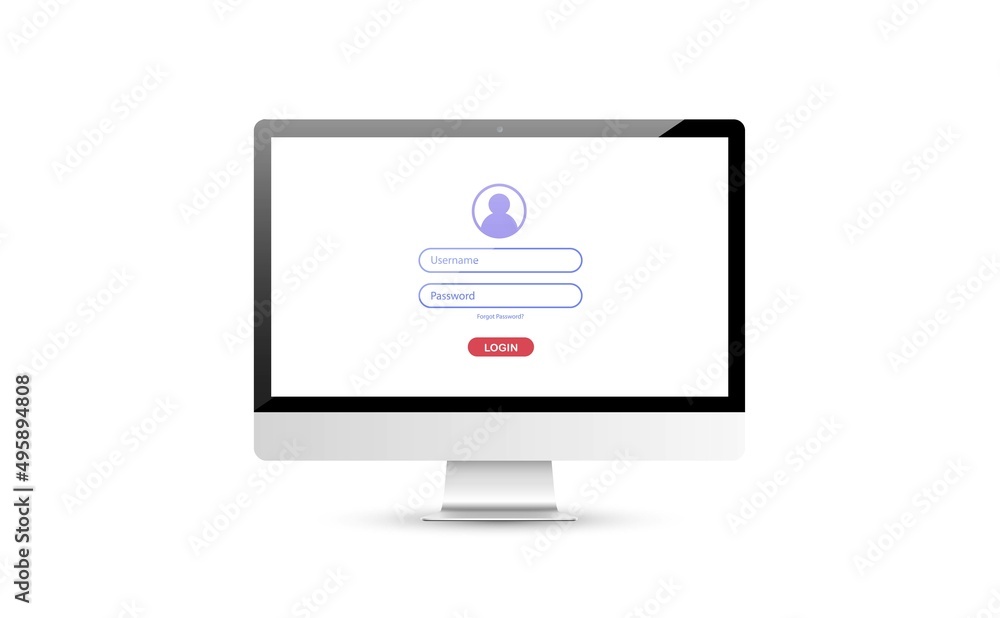 Poster computer with authorization on the screen, login and password of the user, vector illustration