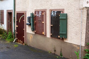 Flood protection measures on houses in an old town in southern Germany to keep the water out of the buildings