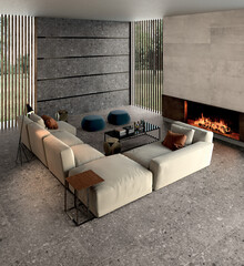 Modern interior design, room with gray tiles, seamless, luxurious background.