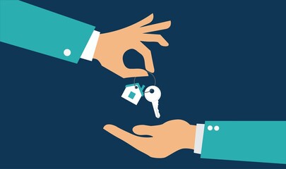 Vector real estate concept in flat style - hands giving keys - sell house - obrazy, fototapety, plakaty