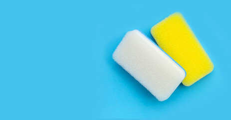 Cleaning kitchen dishwashing sponge. Copy space
