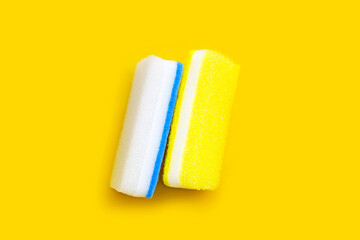 Cleaning kitchen dishwashing sponge. Copy space