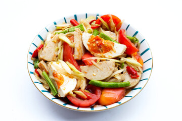 Spicy papaya salad with salted egg and vietnamese pork sausage