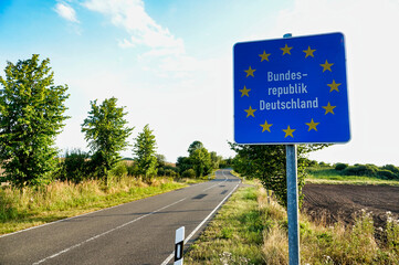 sign on the road , poland and germany border sign,taken in stettin szczecin west poland, europe - obrazy, fototapety, plakaty