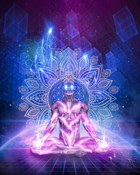 Visionary psychedelic spiritual human meditates in the energetic universe and behind him is a mandala and the earth