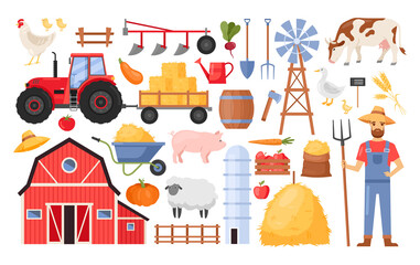 Farmers set. Vector icon set of farm rural buildings with animals, vegetables, farmhouse, tractor, windmill, farmer, livestock, bale of hay. Local product. Agriculture concept. Village life