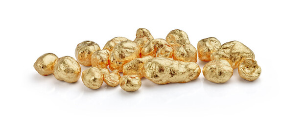 Yellow Gold Nuggets Isolated on White Background. Wide Banner Sized Image. 