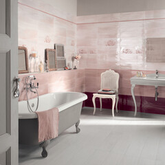 Naklejka na ściany i meble Modern interior design, bathroom with pink tiles, seamless, luxurious background.