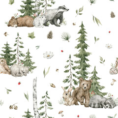 Watercolor seamless pattern with forest animals and natural elements. Grizzly bear, badger, racoon, green trees, pine, fir, flowers. Woodland creatures in the wild. Illustration for nursery, wallpaper