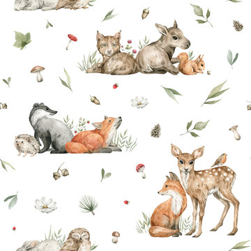 Watercolor seamless pattern with forest animals and natural elements. Deer, fox, moose, rabbit, badger, plant, leaf, flowers. Woodland creatures in the wild. Illustration for nursery, wallpaper