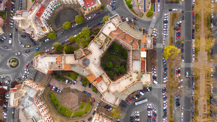 Orthogonal aerial view of a building in Garbatella, an urban zone of Rome in Italy.