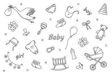 Newborn icons set doodle style. Vector illustration of elements for a baby.